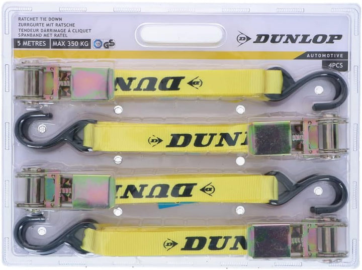 Dunlop Spanngurte mit Ratsche 4 Stück - Zurrgurte - Max. 350KG - 5 Meter Länge - Nylon - Schwarz/Gel