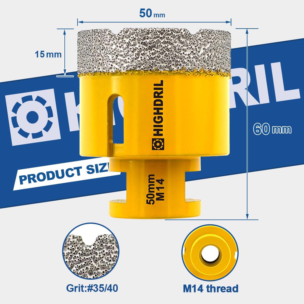 HIGHDRIL Diamant Bohrkrone - 50mm Lochsäge Fliesen M14 Gewinde für Porzellan Fliese Keramik Granit M