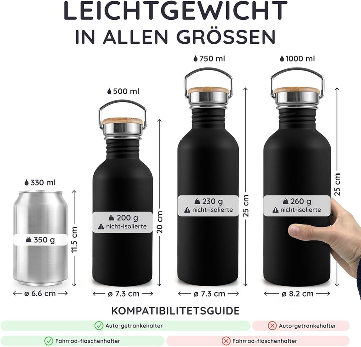 Bambaw Trinkflasche 750ml Edelstahl, Nicht-isolierte Trinkflasche Schwarz, Trinkflasche Auslaufsiche