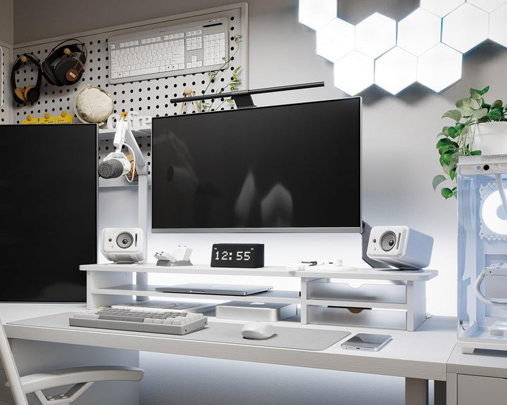 Fenge Dual Monitorständer Riser mit 2 Acryl Schubladen 108cm Grosse Computer Bildschirmständer für P