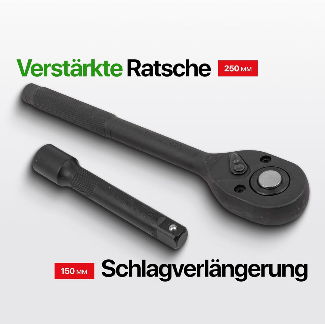 ROCKFORCE 12-tlg. 1/2 Zoll Steckschlüssel-Set mit Ratsche, 6-Kant Stecknüssen 10-24 mm, Verlängerung