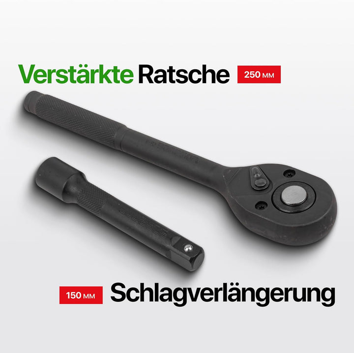 ROCKFORCE 12-tlg. 1/2 Zoll Steckschlüssel-Set mit Ratsche, 6-Kant Stecknüssen 10-24 mm, Verlängerung