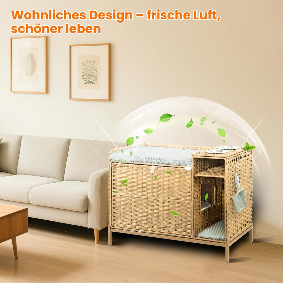 XXL Verstecktes Katzenklo Möbel mit Plüschkissen, 90x50x65cm Handgewebtes Rattan Katzenhaus, Stabil