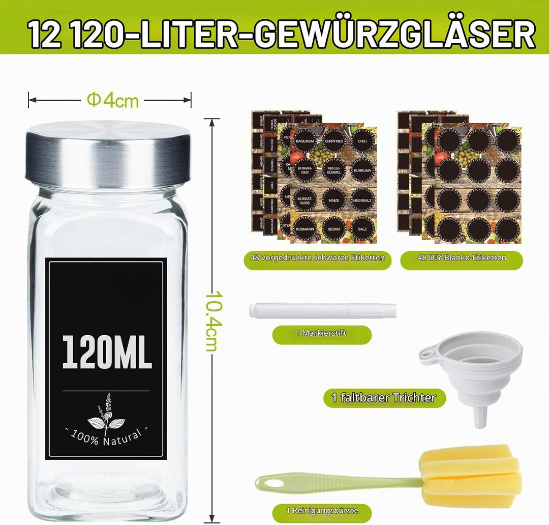 Gewürzgläser Eckig 12er Set 120ml – Gewürzdosen mit Streueinsatz, luftdichtem Schraubdeckel, Inkl. T