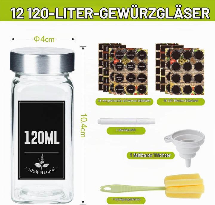 Gewürzgläser Eckig 12er Set 120ml – Gewürzdosen mit Streueinsatz, luftdichtem Schraubdeckel, Inkl. T