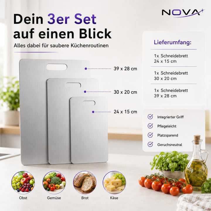 Titan Schneidebrett Set 3-teilig (S+M+L) aus 100% Titan, doppelseitig & BPA-frei – Premium Küchen Sc