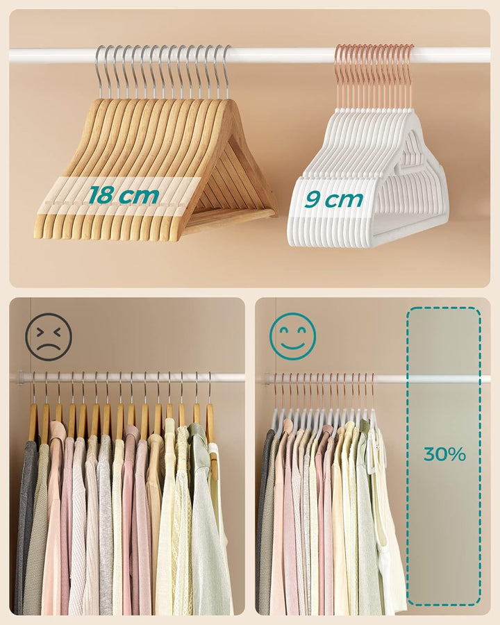 SONGMICS Kleiderbügel Samt, 30er Set, Bügel, rutschfest, kleine Stange für Krawatten, 360° drehbarer
