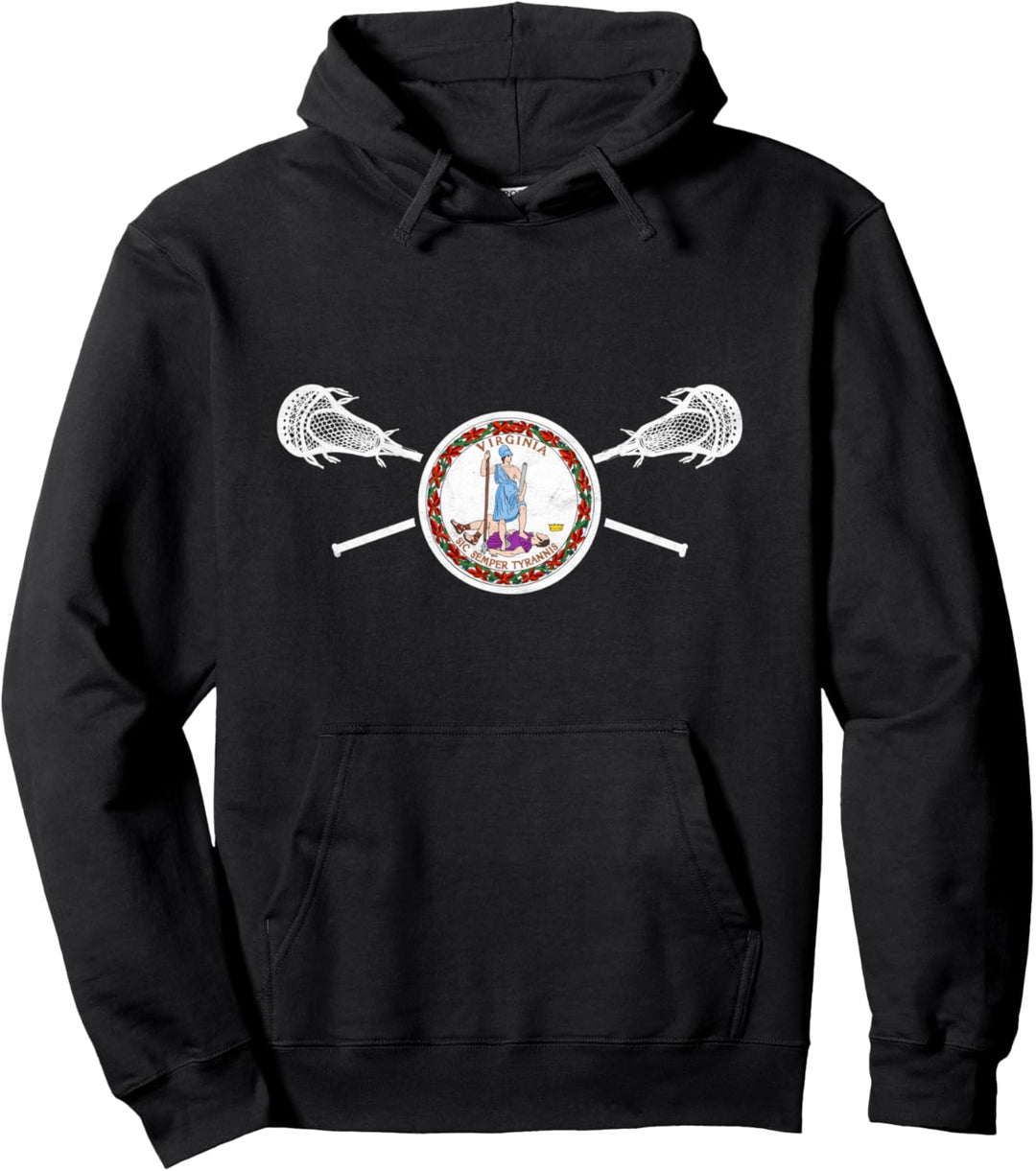 Virginia Lacrosse State Flag & Crossed Sticks Retro Graphic Pullover Hoodie