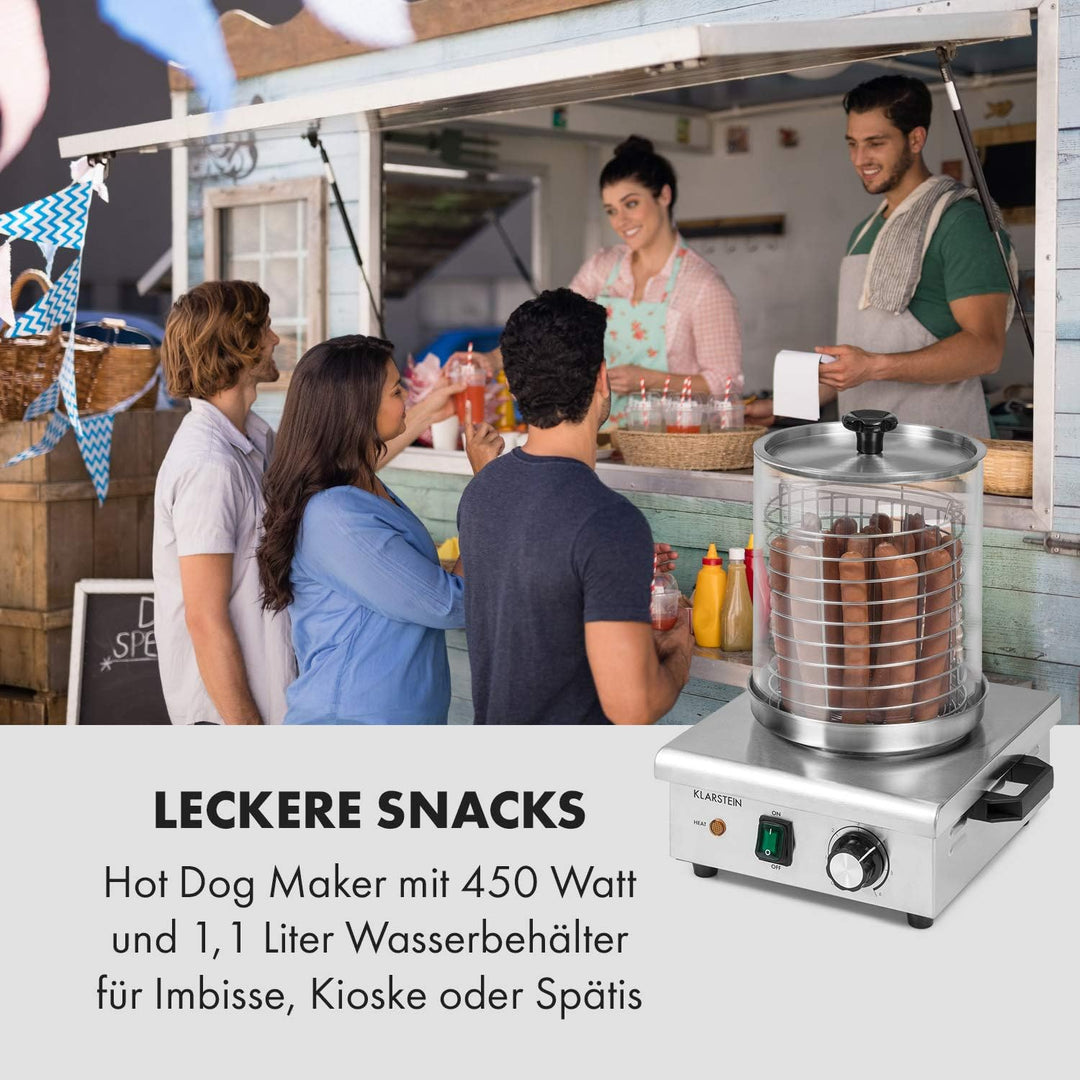 Klarstein Pro Wurstfabrik 450 Profi Hot Dog Maker, 450 Watt, 30-100 °C, Glaszylinder: Ø 20 cm, unter