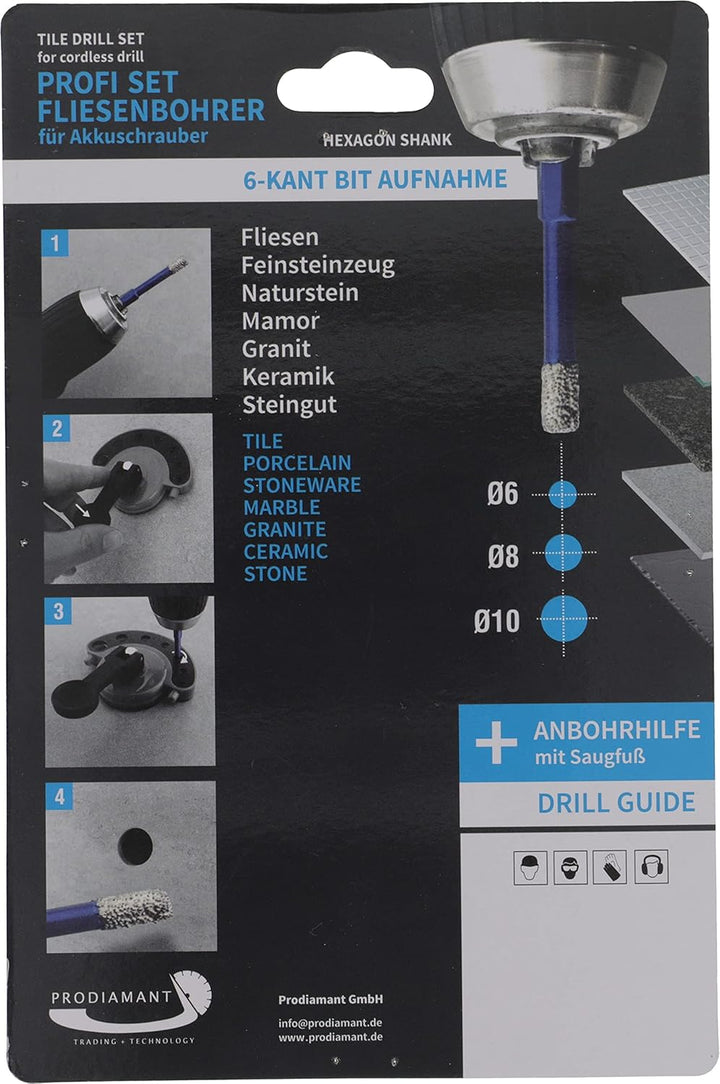 PRODIAMANT Fliesenbohrer 6mm, 8mm, 10mm Set Diamantbohrer für harte Fliesen und Feinsteinzeug mit An