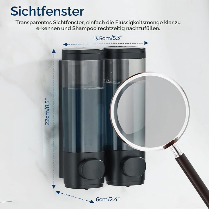 modunful Seifenspender für Dusche Wandbefestigung Ohne Bohren, 2 Kammern 300ml Duschspender Shampoo