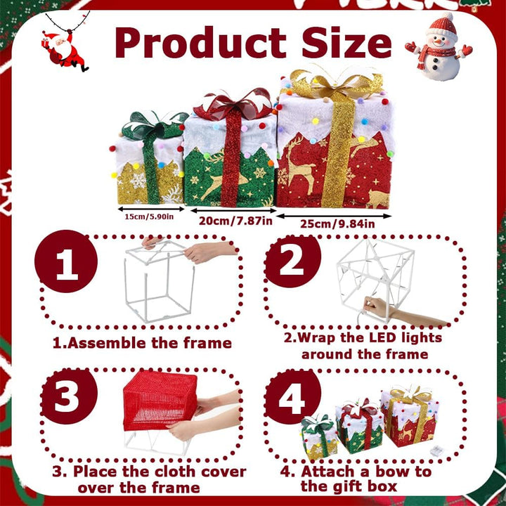 Led Geschenkbox Weihnachten mit Timer 3er Set, Led Deko Geschenke Leucht Boxen, Weihnachtsdeko Leuch