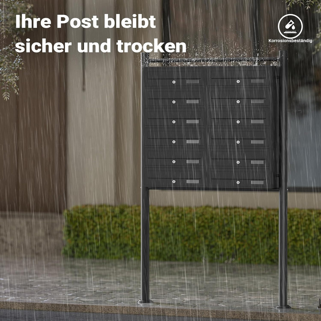 Wiltec 12er Briefkastenanlage schwarz 945 x 270 x 1500 mm, Standbriefkasten mit 2x6 Fächern, Schlüss