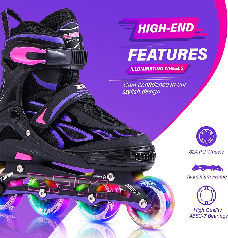 2PM SPORTS Verstellbar Inliner für Kinder, Leucht Inline Skates Rollschuhe für Damen/Herren A Violet