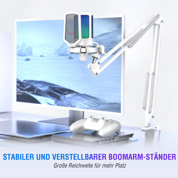 Fifine USB Mikrofon PC Gaming mit Arm, Microphone weiss für MAC PS4 PS5 mit Stummschalttaste, Popfil