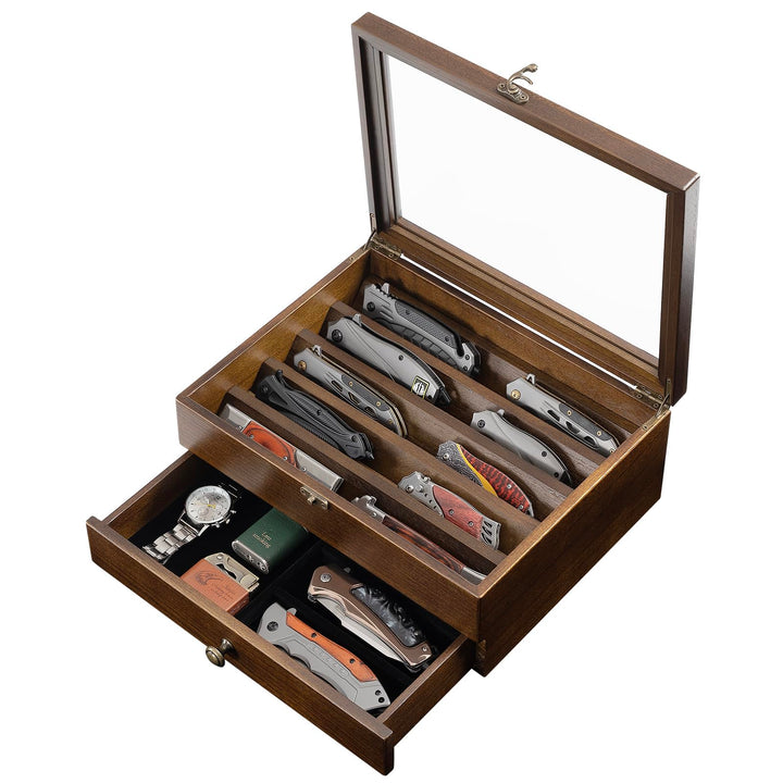 2 Etagen Messerhalter, Holz Messerständer, Messer Vitrine mit Schublade und Hochauflösendem Glas, Sa