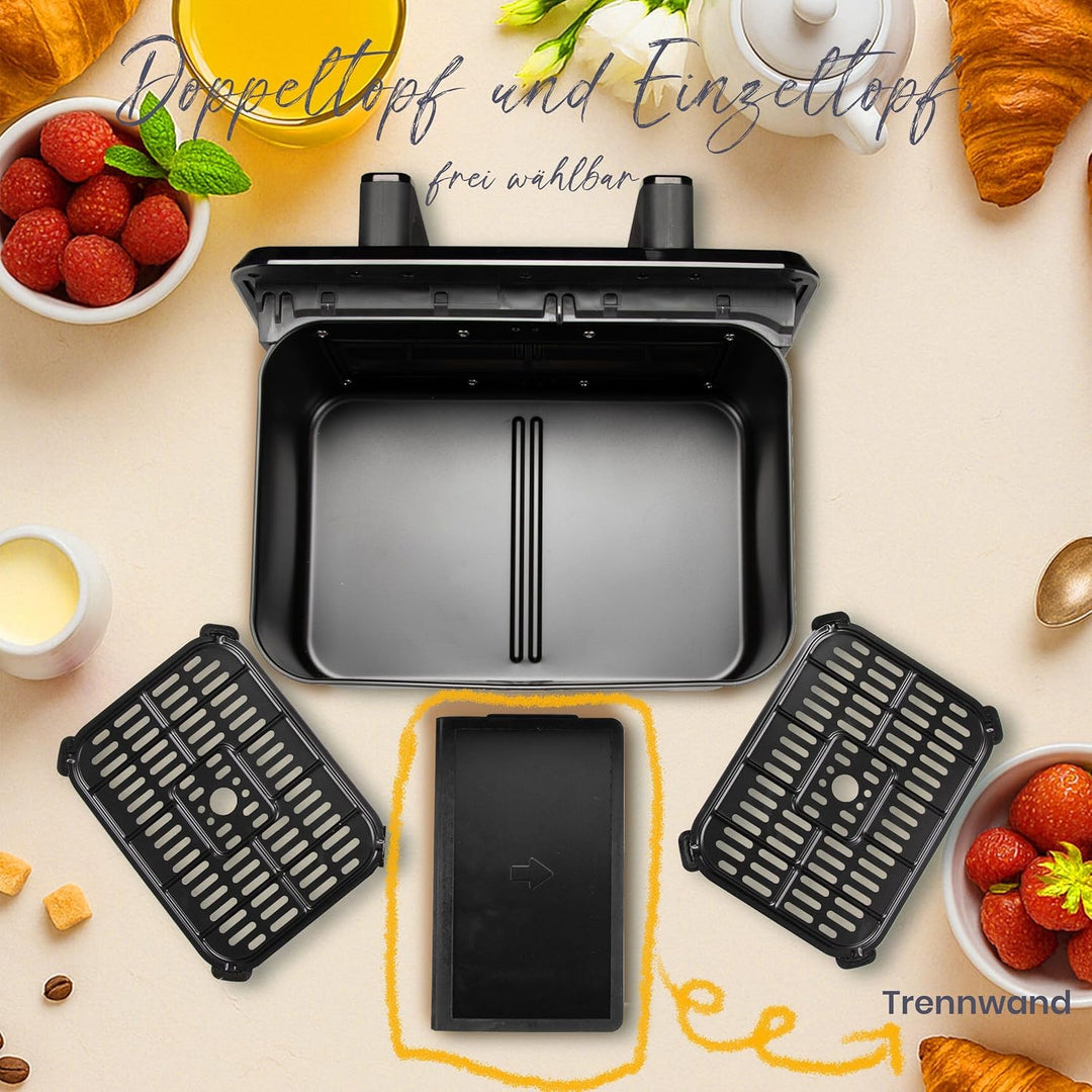 Heissluftfritteuse 2000W Doppel Fritteuse mit 2 Kammern und 8.5 Liter Volumen, 10 Programme, Touch-B