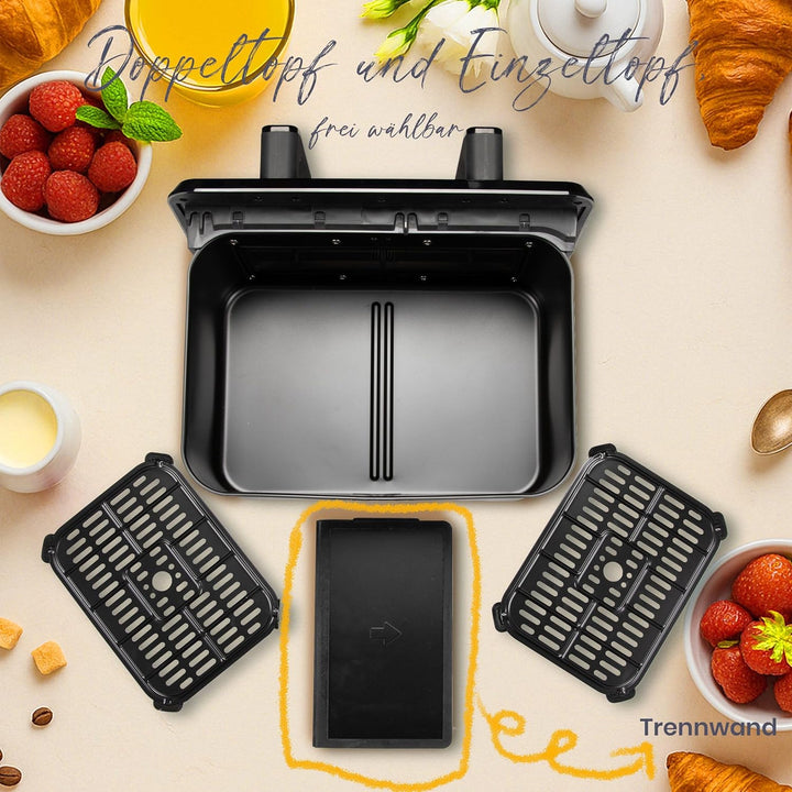 Heissluftfritteuse 2000W Doppel Fritteuse mit 2 Kammern und 8.5 Liter Volumen, 10 Programme, Touch-B