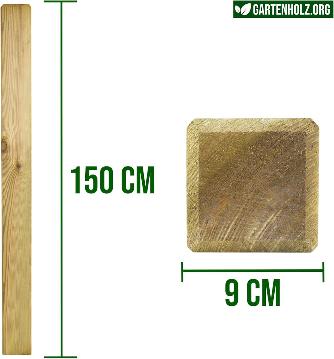 Vierkantpfosten Kiefer Holz KDI Grün 9x9 cm in 100-150 cm Länge – Stumpf, stabiler Zaunpfosten, impr