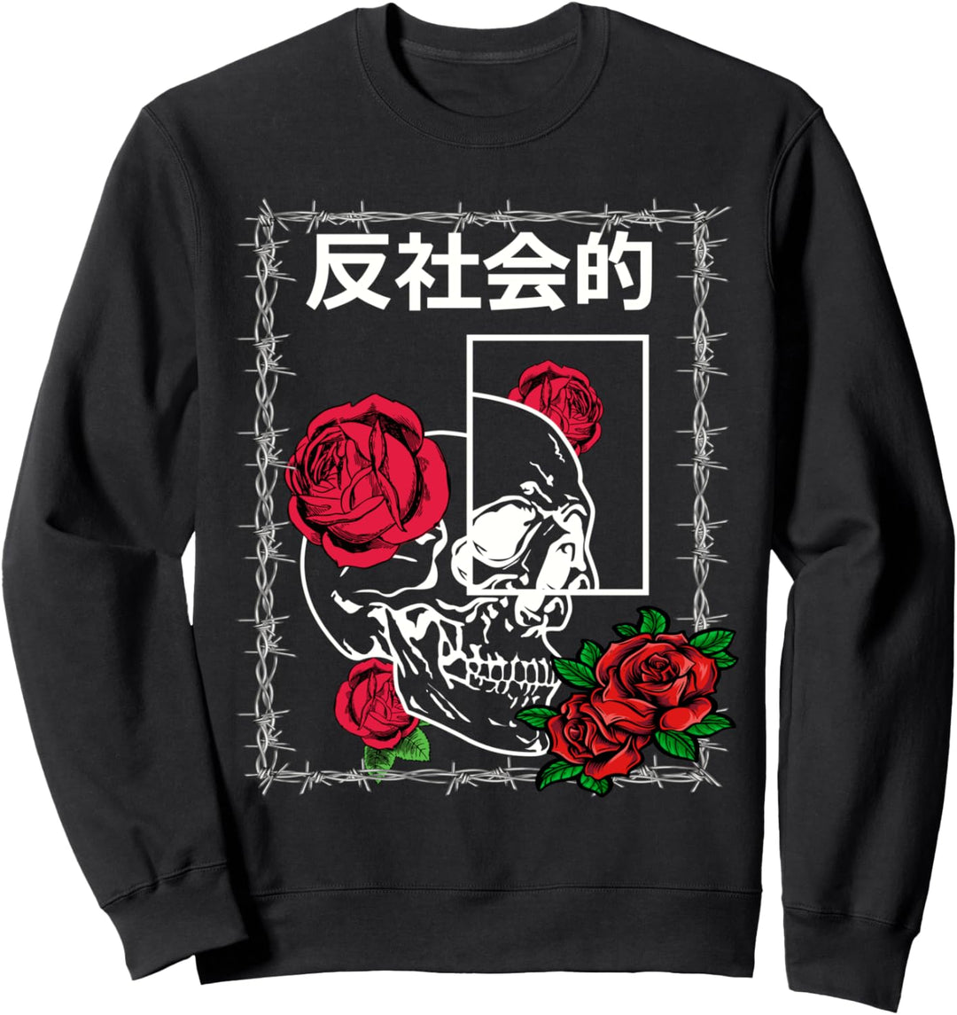 Schlechte Einstellungen Schädel mit Rosen Japanese Aesthetic Sweatshirt