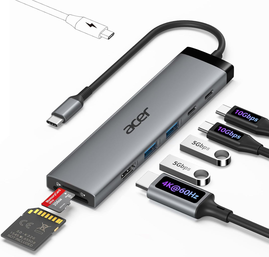 acer 8 in 1 USB C Hub, 10Gbps USB-C auf HDMI Adapter 4K@60Hz, Dockingstation mit 2×USB-C 3.2, 2×USB