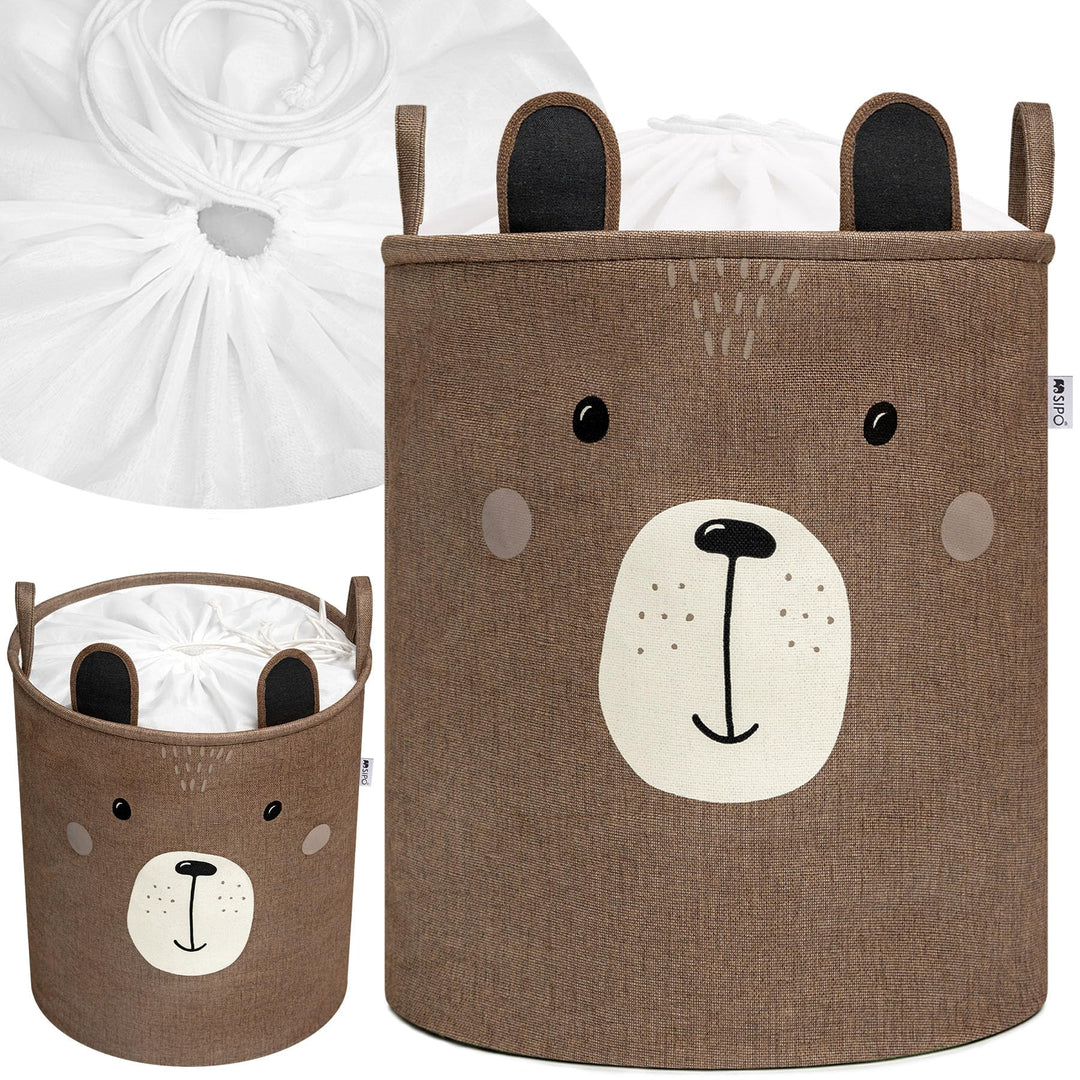 SIPO Spielzeugkorb Premium, XXL 63L, Brown Bear, Faltbarer Spielzeug Organizer mit Kordelzug, Wasser