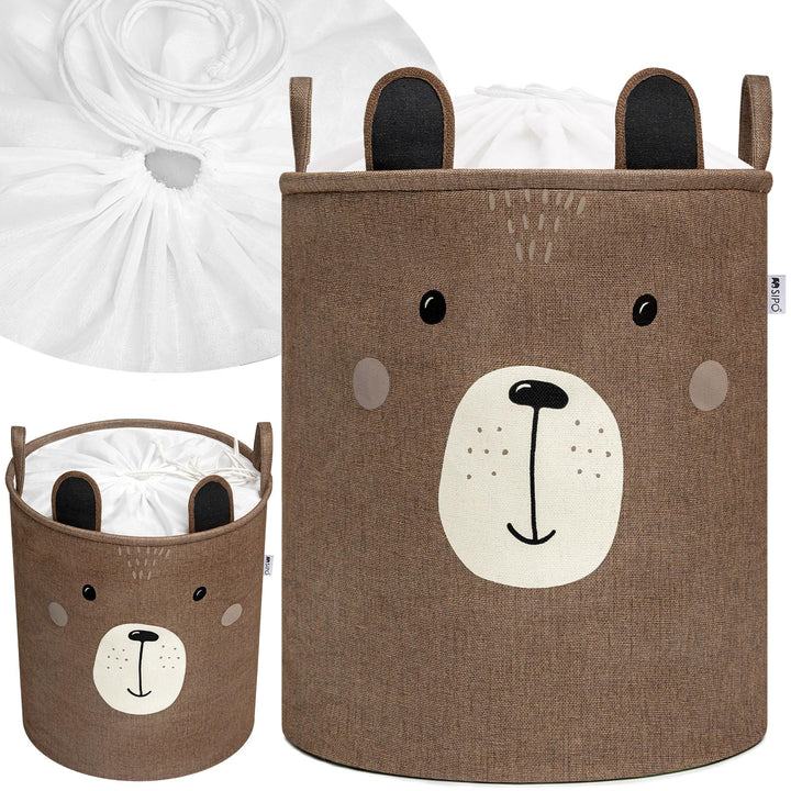 SIPO Spielzeugkorb Premium, XXL 63L, Brown Bear, Faltbarer Spielzeug Organizer mit Kordelzug, Wasser