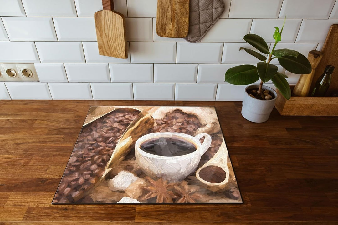 Kaffeebohnen Herdabdeckplatte & Spritzschutz aus Echtglas | Für Herd-Kochfelder | 60x52 cm