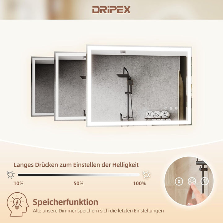 Badezimmerspiegel Led Badspiegel, Speicherfunktion, Touch-Schalter, Druckknopf, Dimmbar, 3 Lichtfarb