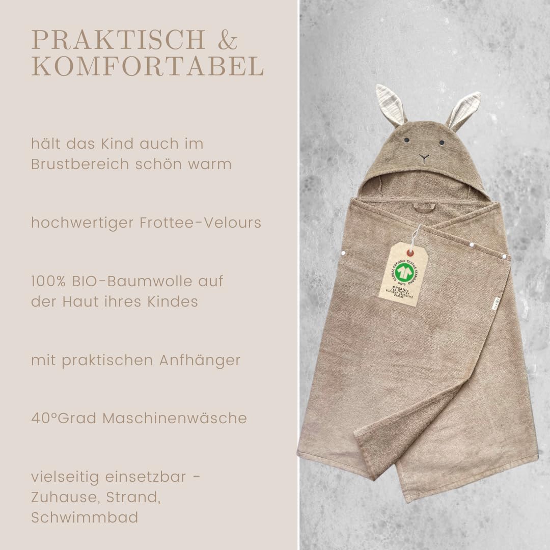 DIKOS® 2-in-1 Kapuzenhandtuch & Badeponcho Baby, Kleinkinder & Kinder Beige Braun 70x140 | Ab Geburt
