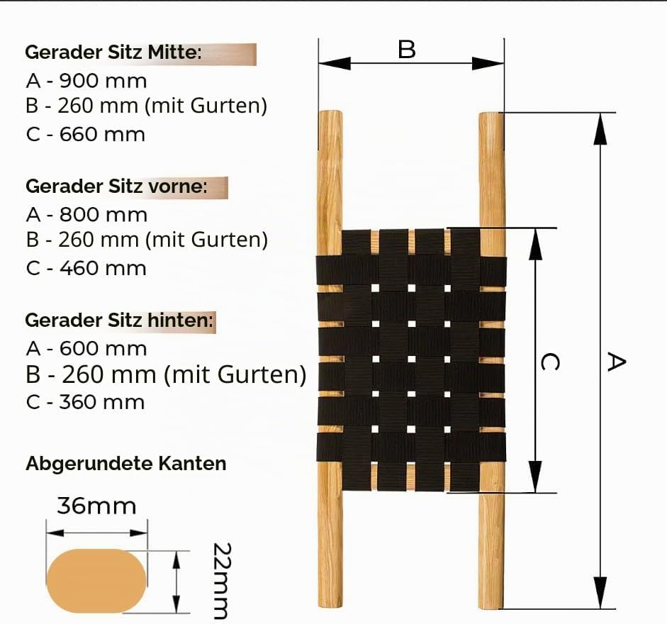 Kanu Sitz Seat Bank aus Eschenholz Front/Center/Rear - Gurtbandsitz Kanusitz mit Gurtflecht für Cano