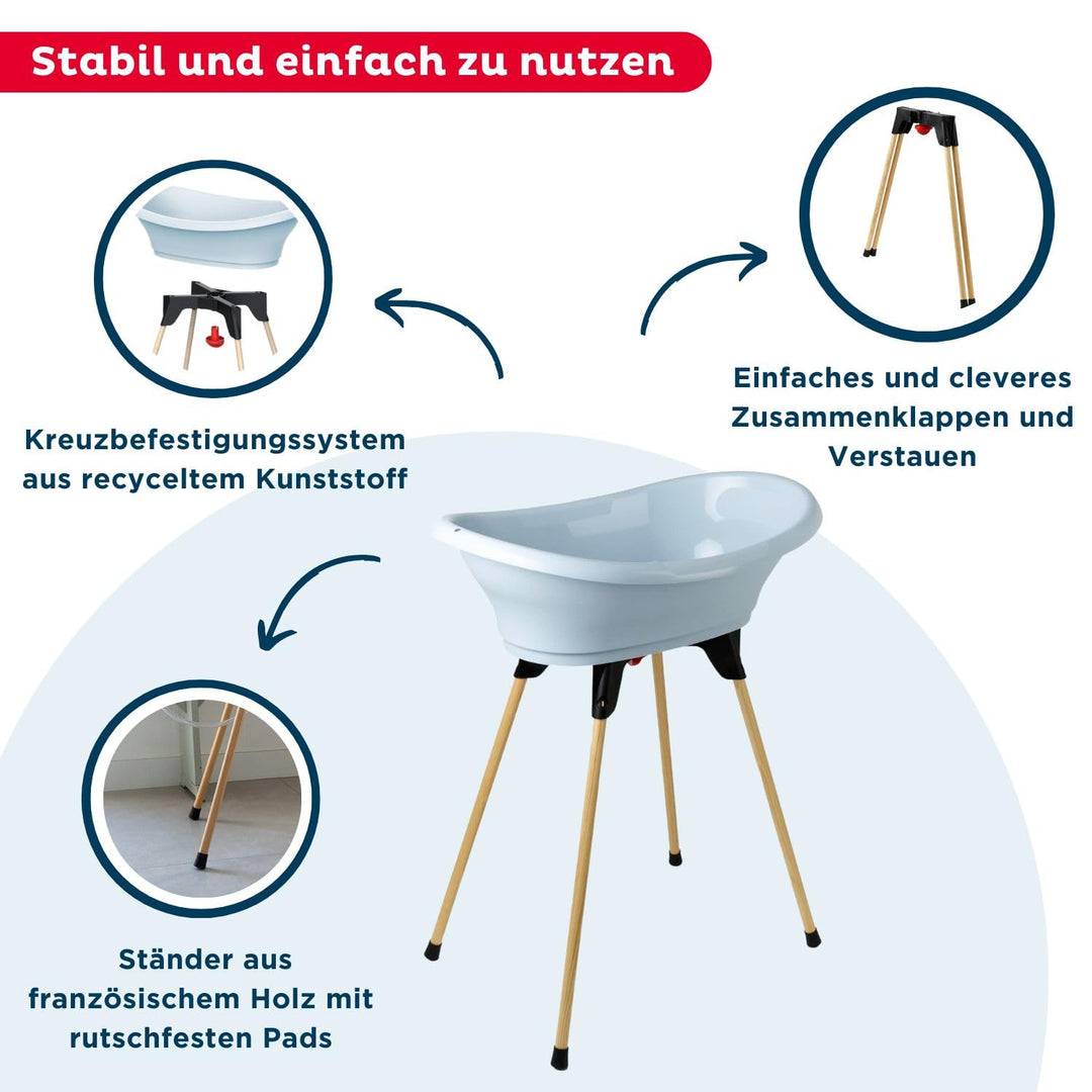 THERMOBABY - Babybadewannen-Set - Vasco - Badewanne, Ständer aus Holz & Abflussschlauch - Zusammenkl