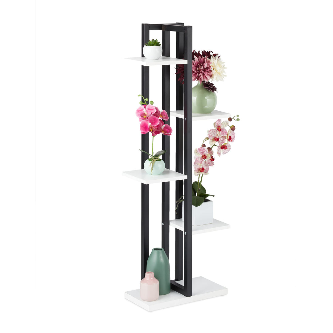 Relaxdays Pflanzenregal, Blumentreppe mit 5 Ablagen, HBT 117 x 43 x 22 cm, Stahl u. MDF, Blumenregal