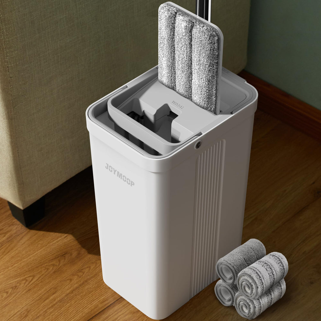 JOYMOOP Wischmopp und Eimer mit Auswringer-Set, Weiss Flach Squeeze Mop Eimer Set für Bodenreinigung