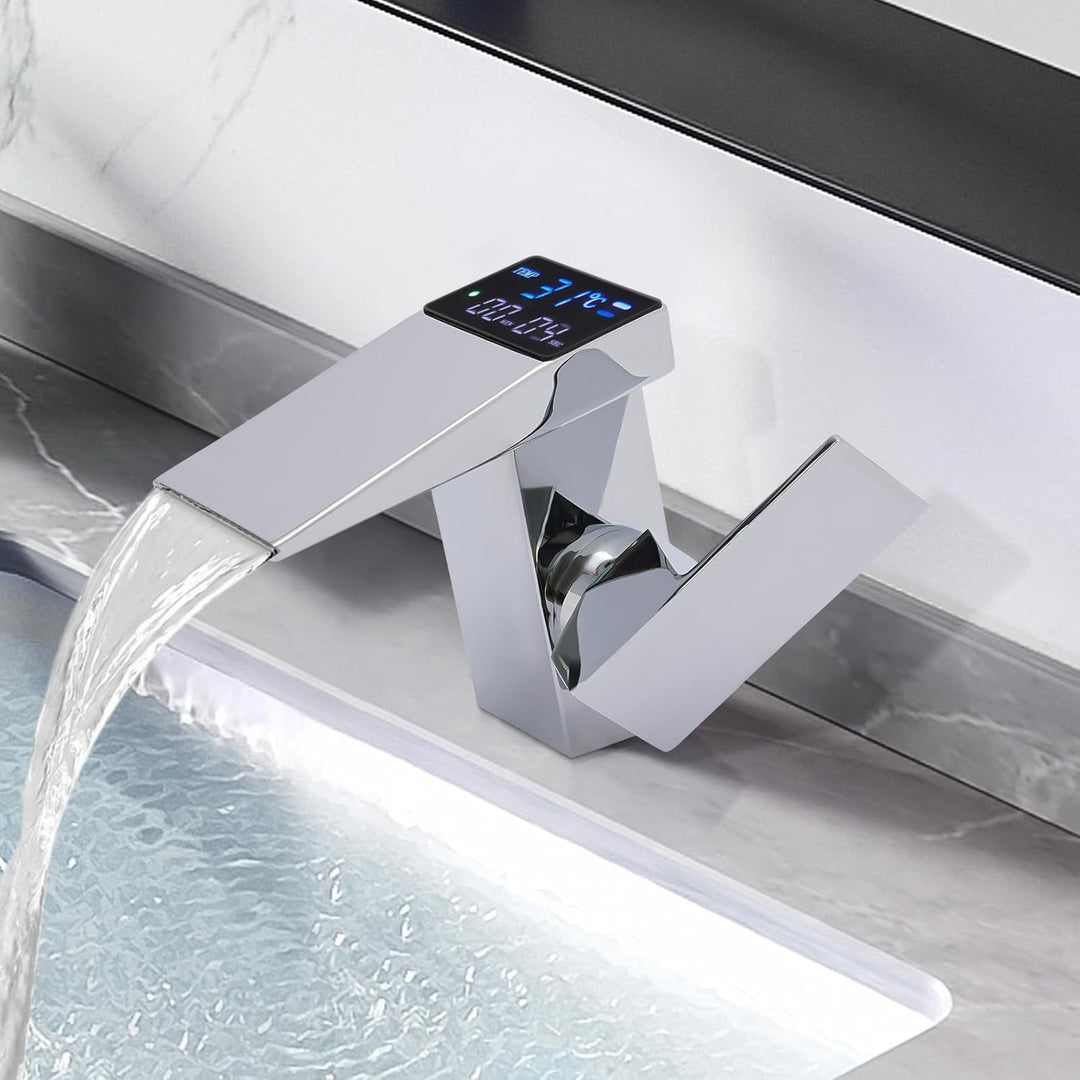Wasserfall Wasserhahn, Armatur Badezimmer mit LED-Anzeige Kalt und heiss Wasser Hydroelektrische Ene