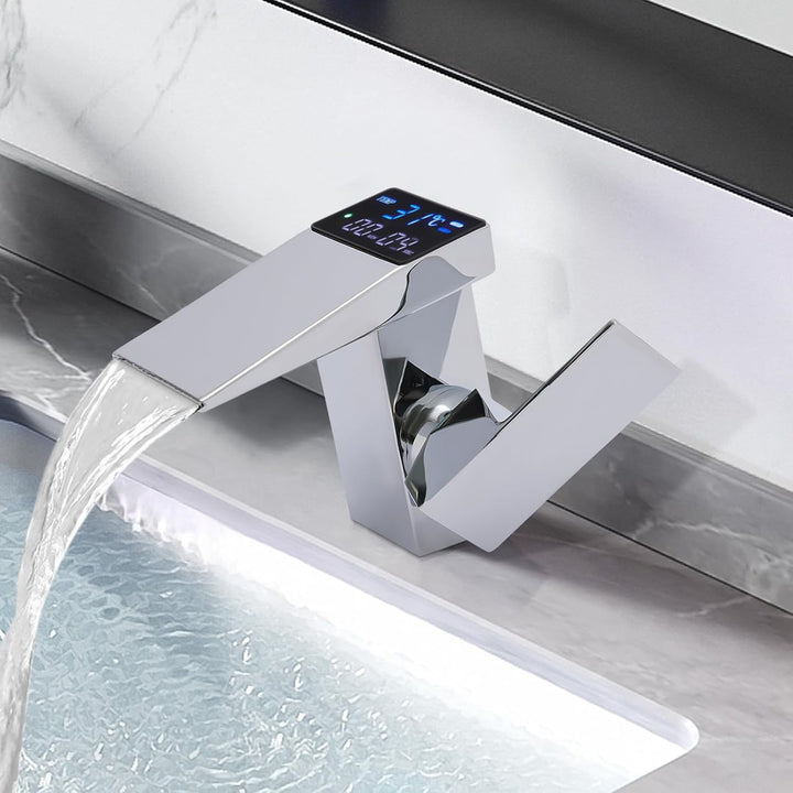 Wasserfall Wasserhahn, Armatur Badezimmer mit LED-Anzeige Kalt und heiss Wasser Hydroelektrische Ene