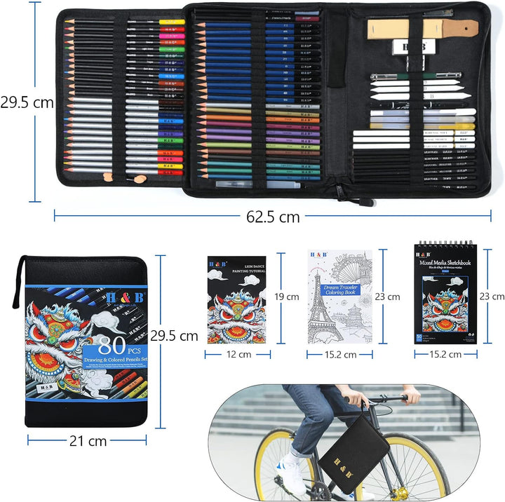 H & B 80 Stück Zeichenstifte Set, Skizzierstifte Set, Professionelle Zeichenset mit Malbuch,3 Farben