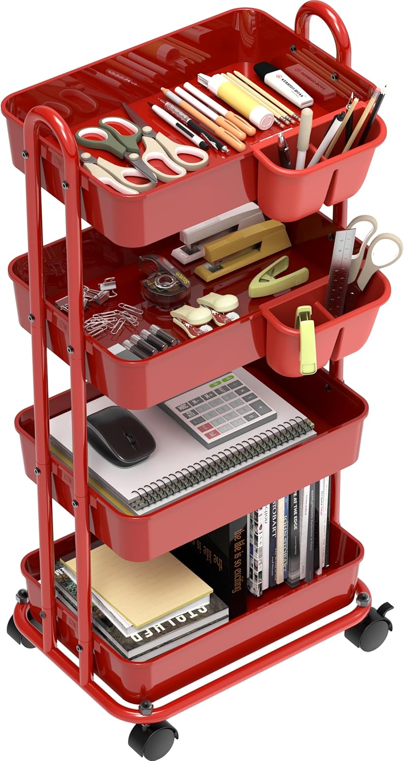 Simple Houseware 4-stufiger multifunktionaler Rollwagen mit Korbtrennwänden und hängenden Eimern, Ro