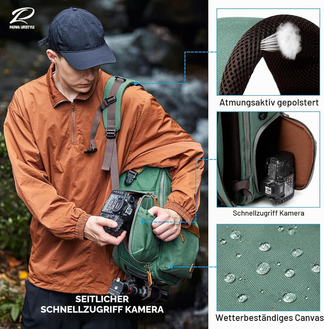 Padwa Lifestyle Kamerarucksack - Gewachstem Memory Canvas Kamerarucksack mit 16“ Laptop-/Objektivfac