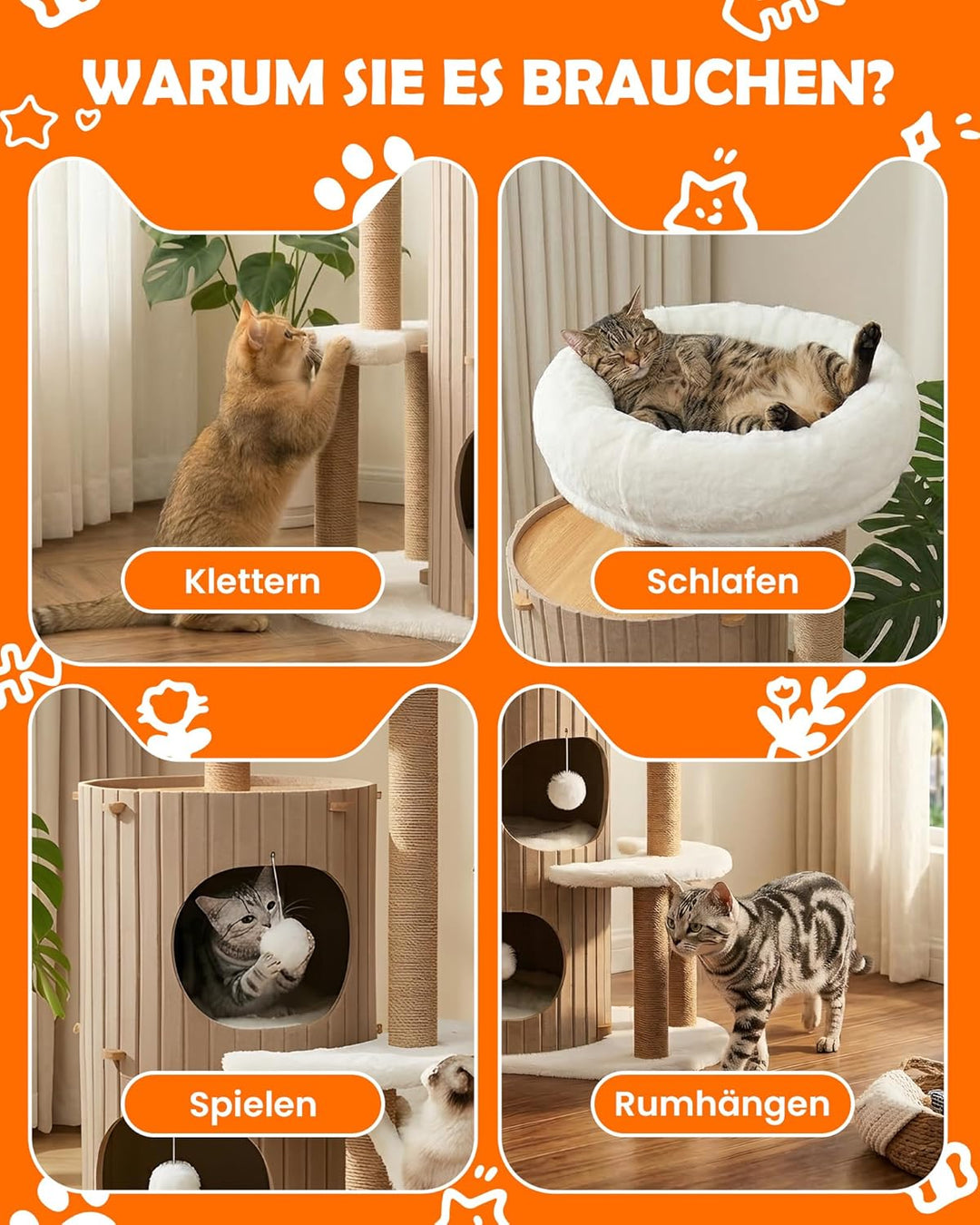Luxus Kratzbaum mit 2-stöckiger Kratztonne | Katzenbaum mit Katzenschlafhaus, Sisalbrett,abnehmbarem