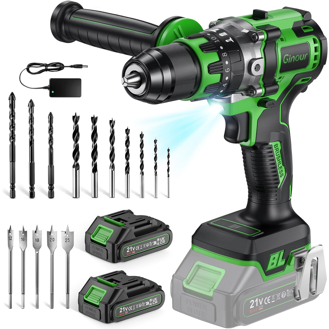 Ginour 21V Bürstenlos Akku Schlagbohrschrauber Set, 90 Nm, 2x2Ah 10C Akku, kompatibel mit Makita 18V
