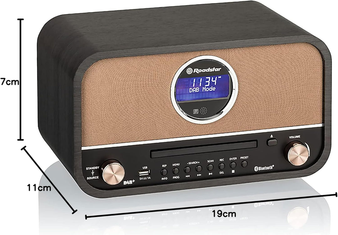 Roadstar Nostalgie Retro-Radio mit Bluetooth und CD MP3 Player im Holzgehäuse mit Weck-Funktion (DAB