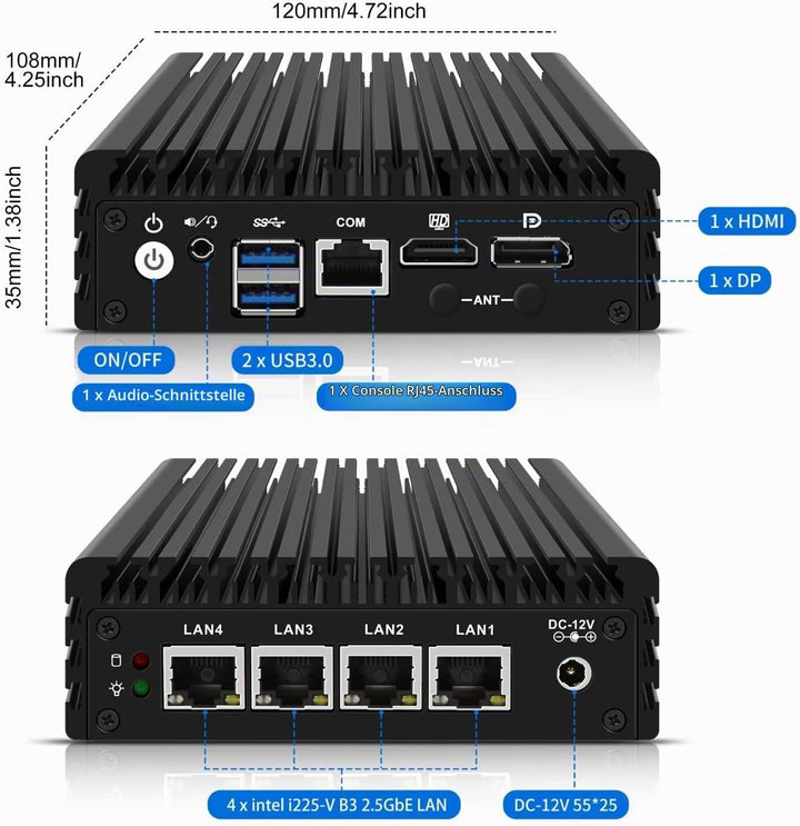 Micro Firewall Appliance, Fanless Mini PC J3710 4C/4T, 4X 2.5 GbE i225-V LAN,AES-NI,DDR3 8GB SSD 128