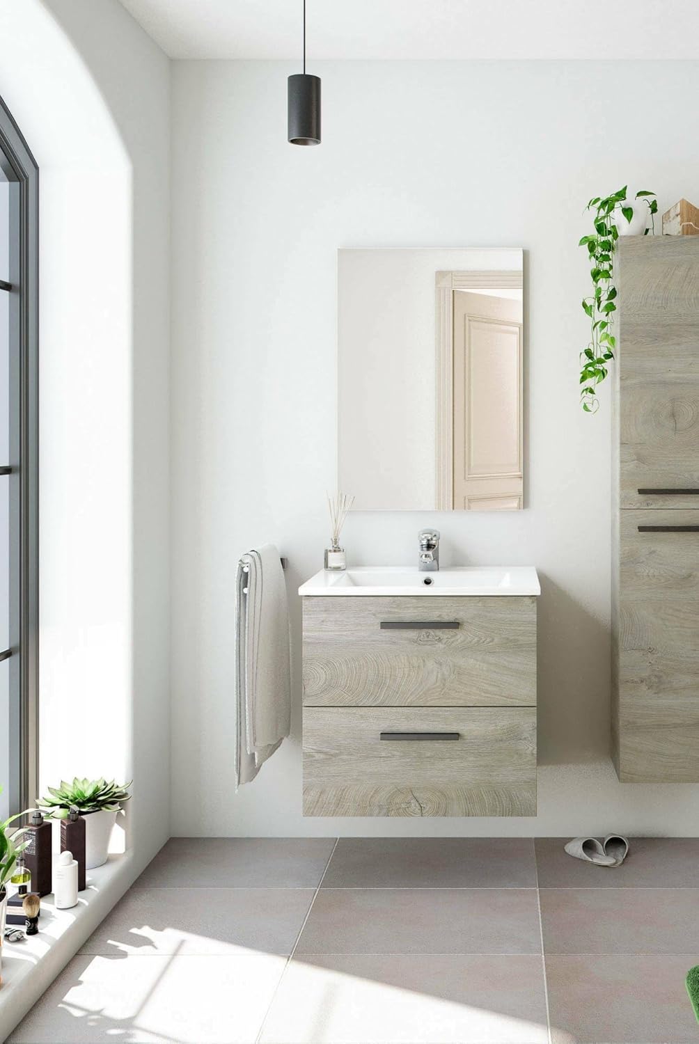 Dmora - Unter dem Waschtisch Fontana, Badezimmerschrank mit 2 Schubladen, Hängeschrank mit Spiegel,