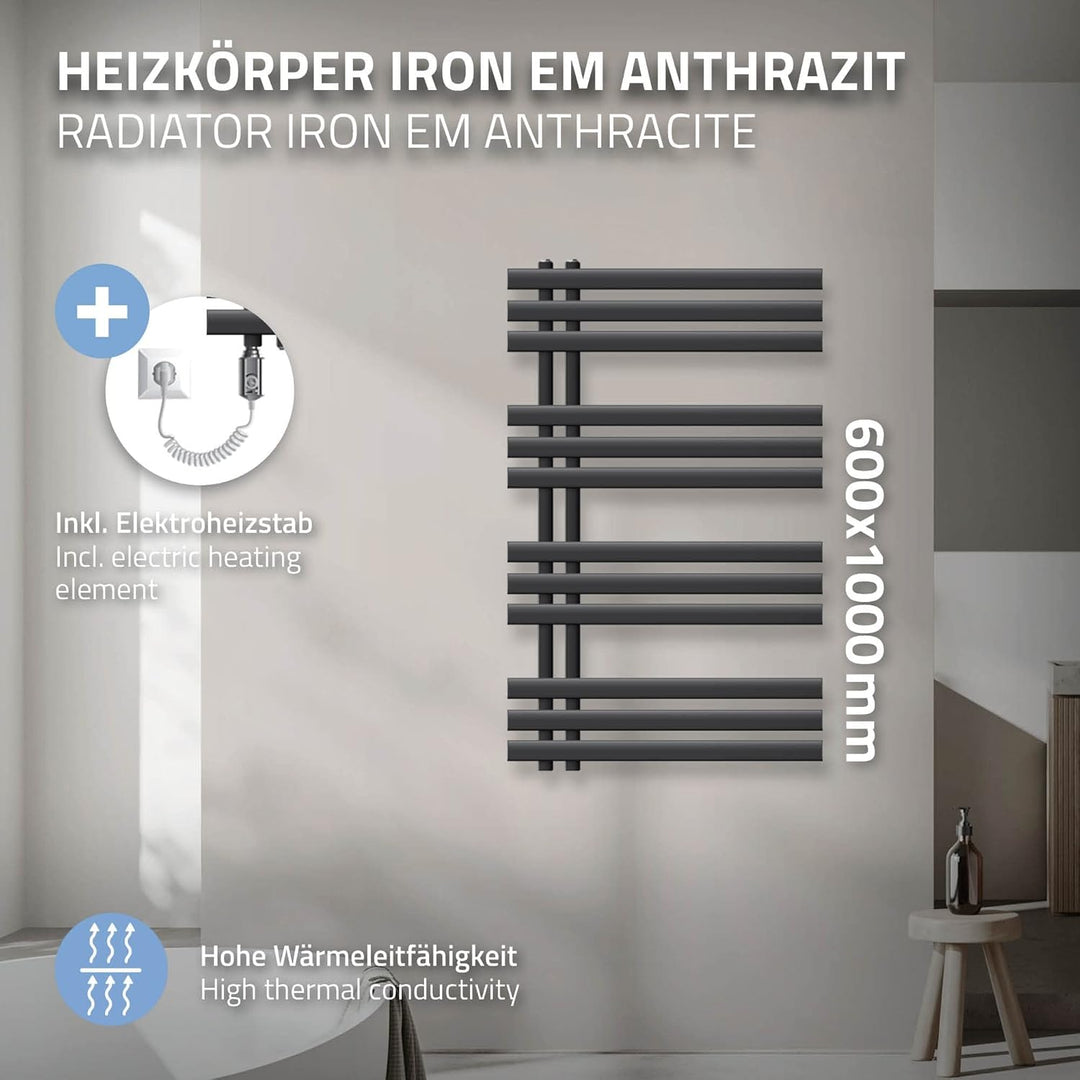 ECD Germany Iron EM Design Badheizkörper Elektrisch mit Heizstab 600 W - 600 x 1000 mm - Anthrazit -