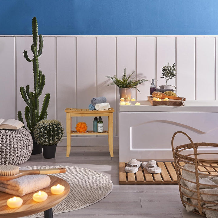 Relaxdays Badhocker Bambus, HxBxT: 45,5 x 48 x 25 cm, Traglast: 150 kg, Antirutsch-Füsse, Sitzhocker