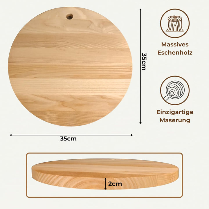 INNOVAHOME Pizzabrett 35cm Holz Rund - Massives Servierbrett Esche Geölt - Pizzateller & Käsebrett -