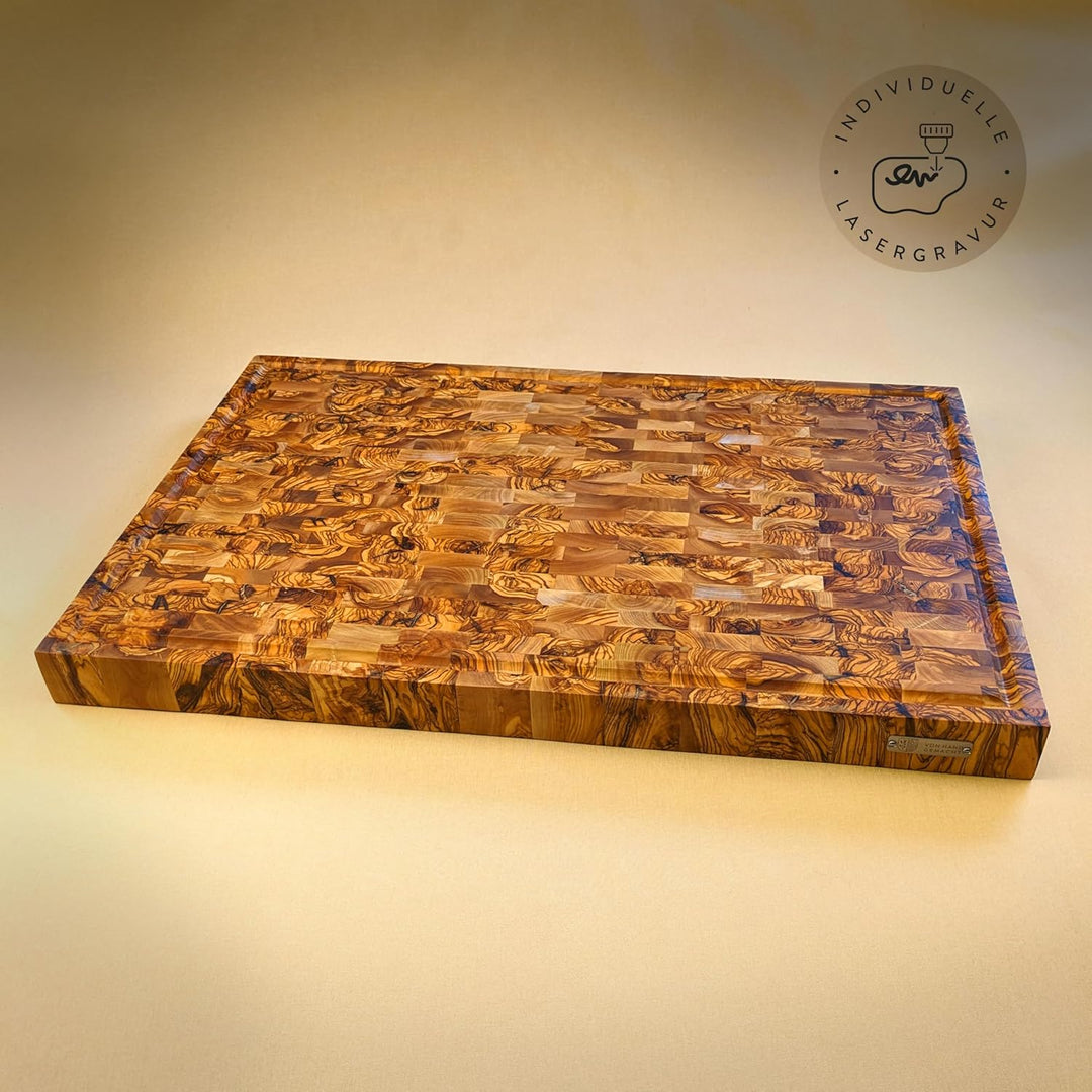 DAS OLIVENHOLZBRETT® / Exklusives Olivenholz Mosaik Schneidebrett mit Saftrille / Hirnholzbrett aus