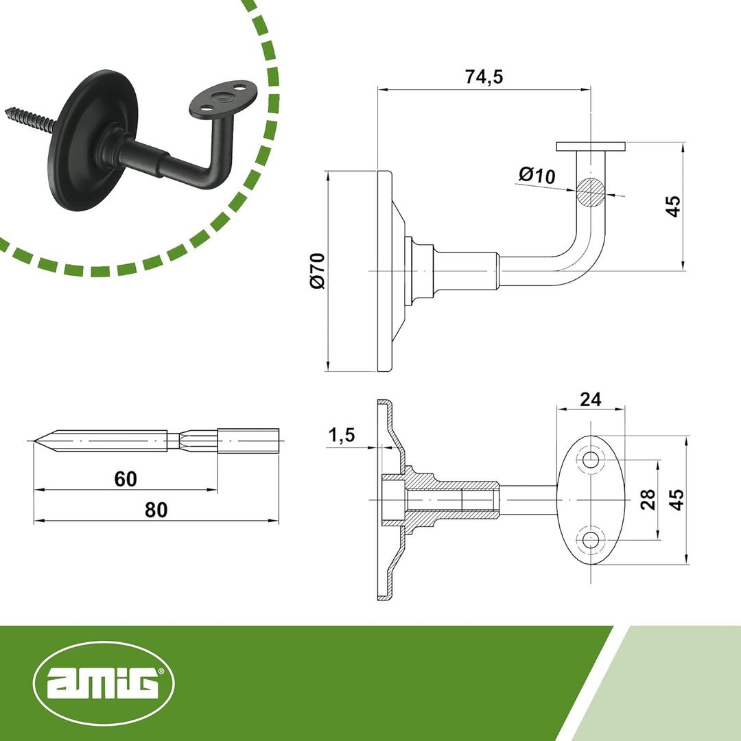 AMIG - Halterung für Geländer, Handlauf für Treppen, widerstandsfähig und robust, Wandmontage, Stahl