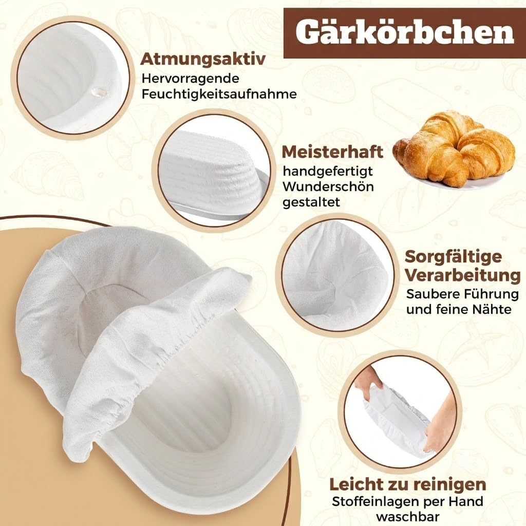 2er-Set Brotgärkörbe ovale 27cm Brotkorb zum Backen | Antihaftbeschichtete Sauerteig-Gärkörbe mit De